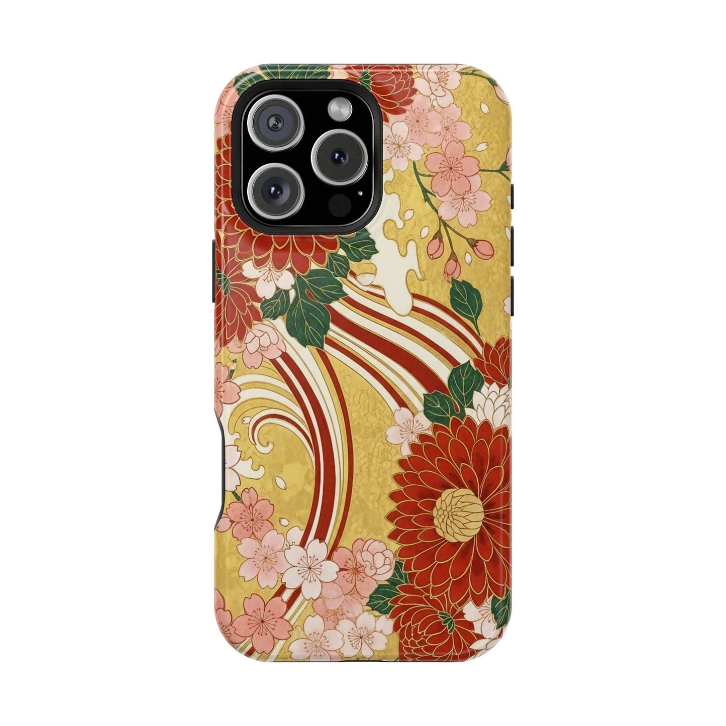 iPhone case with Japanese chrysanthemum and cherry blossom floral design, impact-resistant, MagSafe compatible, glossy or matte finish