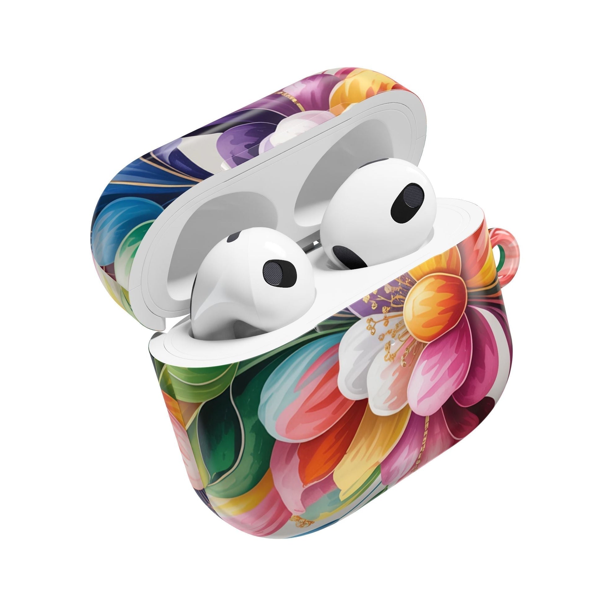 Floral inspired AirPod case with durable polycarbonate, scratch-resistant, lightweight design, compatible with multiple AirPods models