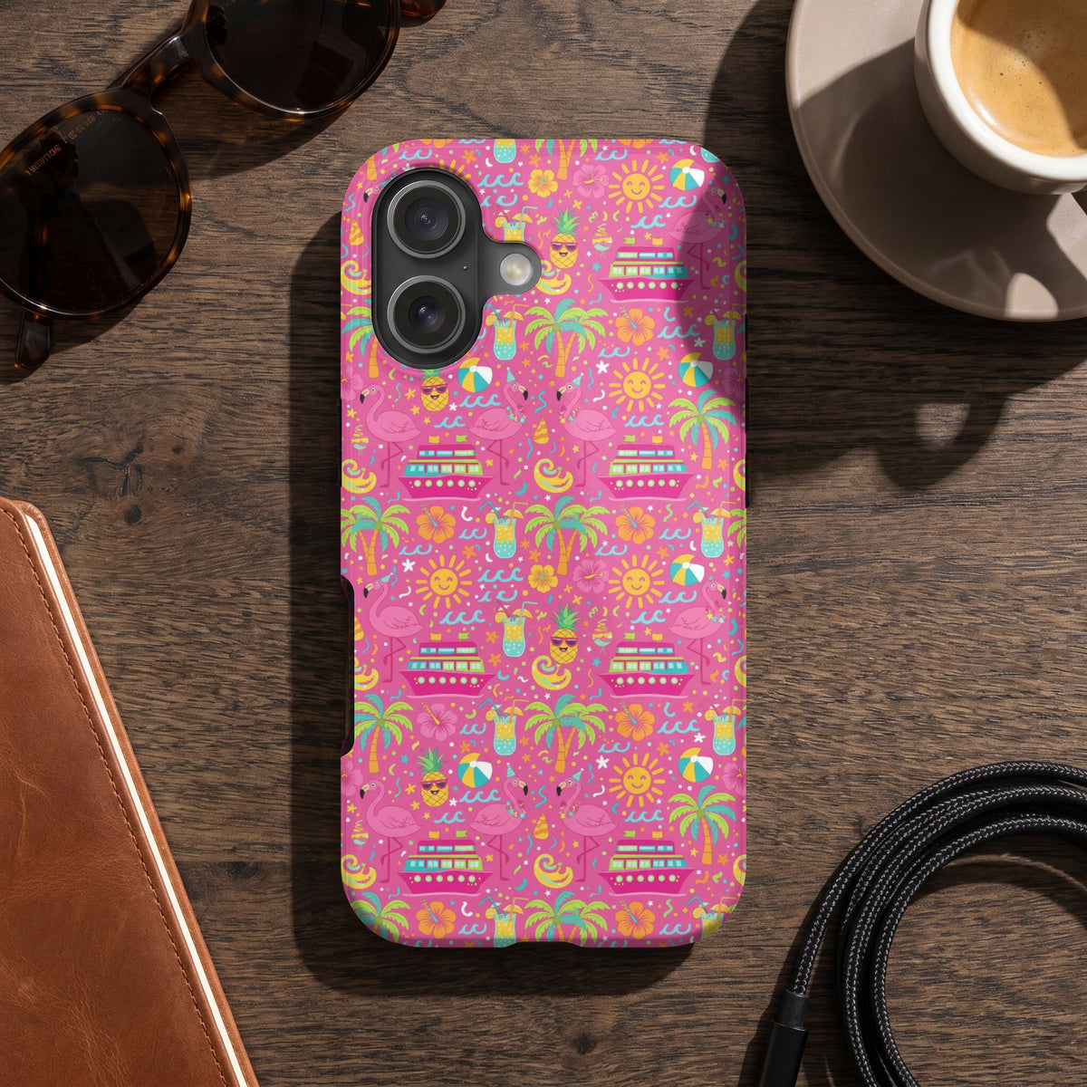 Pink phone case with a repeating pattern of flamingos, cruise ships, and tropical elements.