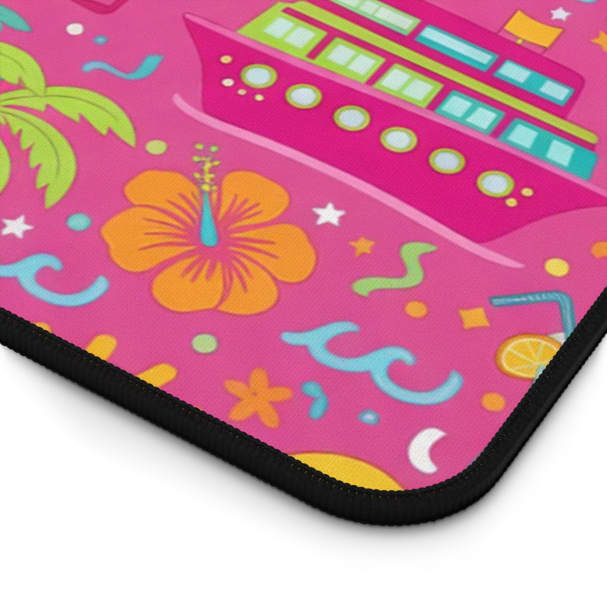 Pink mousepad with colorful vacation icons including a cruise ship, palm tree, and hibiscus flower.
