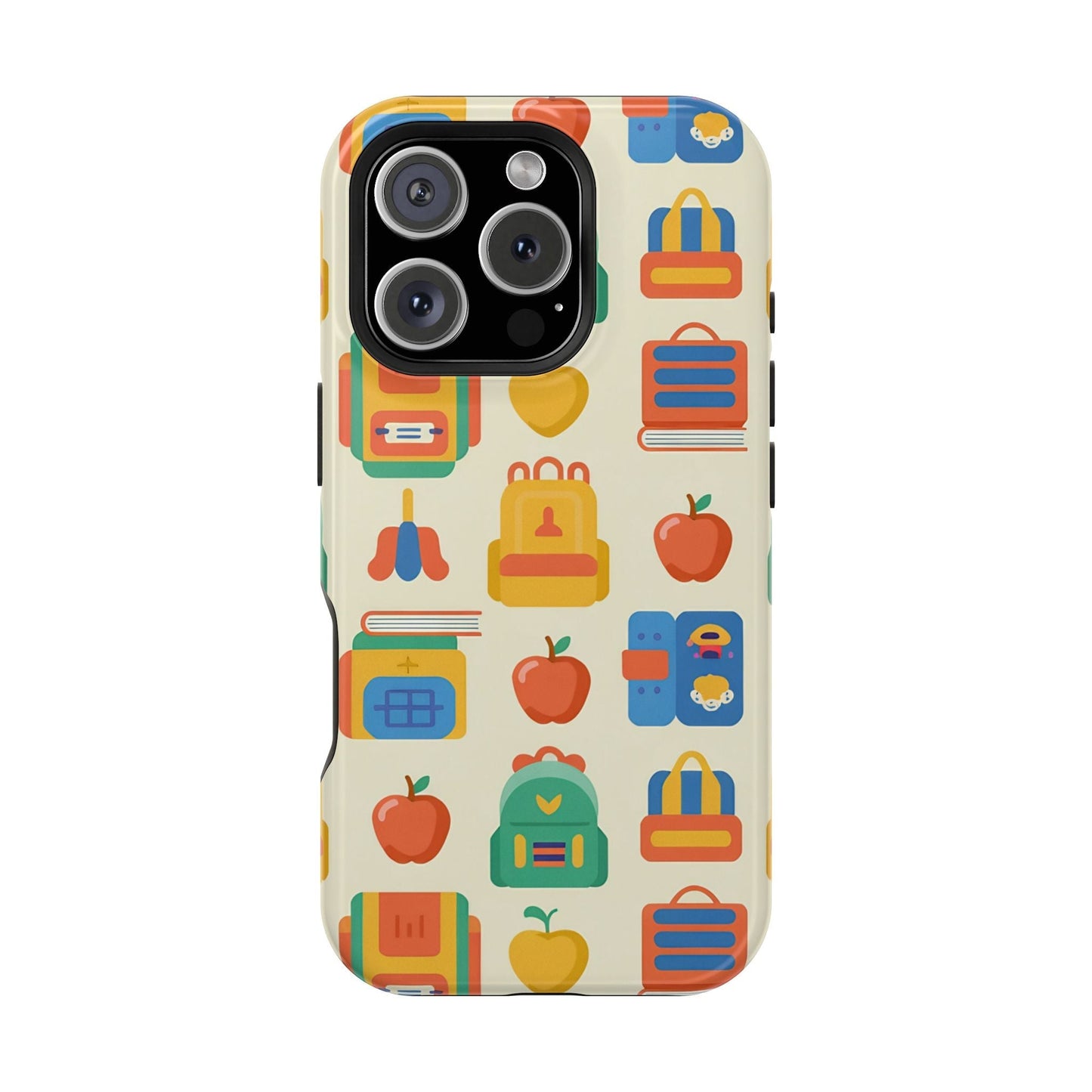Back to School Phone Case with colorful backpack, apple, and book pattern for iPhone, durable magnetic tough case