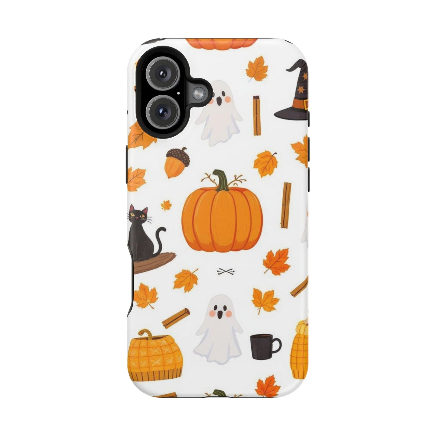 iPhone case with Halloween pumpkins, ghosts, black cat, and autumn leaves design