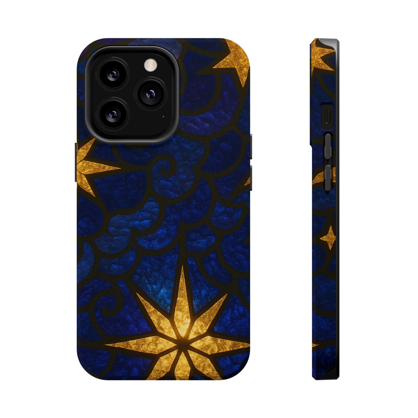 iPhone tough case with Golden Star Design in blue and gold, durable dual-layer protection, MagSafe compatible