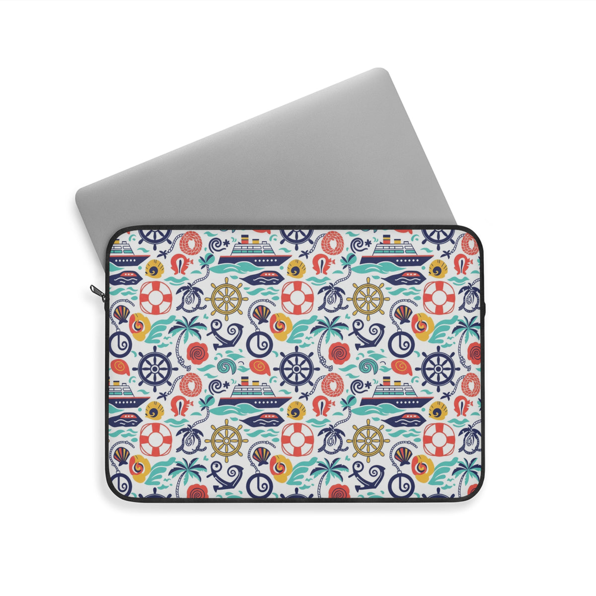Laptop sleeve with nautical pattern of ships, life preservers, anchors, and palm trees.