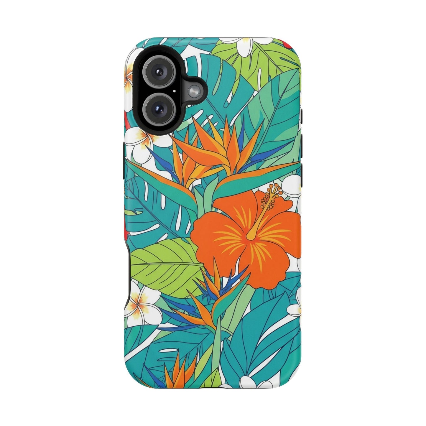 Vibrant floral iPhone case with colorful tropical flowers and leaves design, durable polycarbonate, MagSafe compatible.