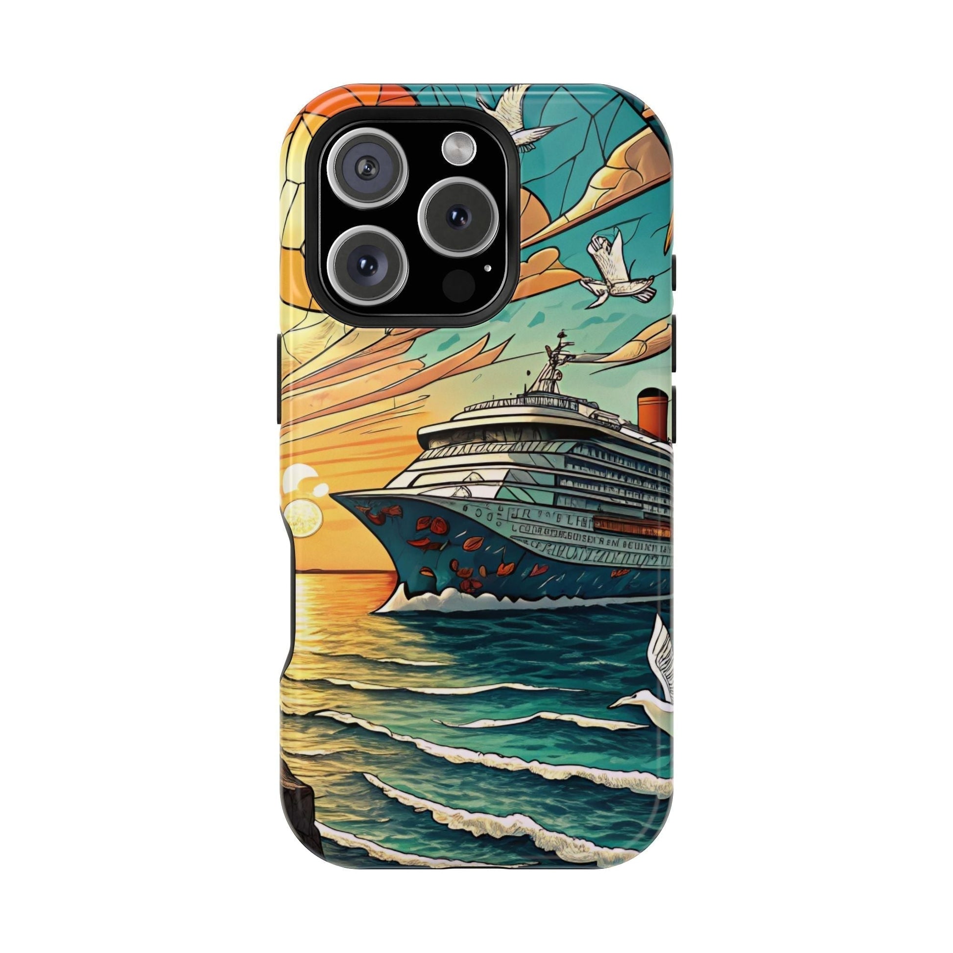 Cruise Vacation iPhone tough case with vibrant ocean sunset and cruise ship design, dual-layer durable protection, MagSafe compatible.
