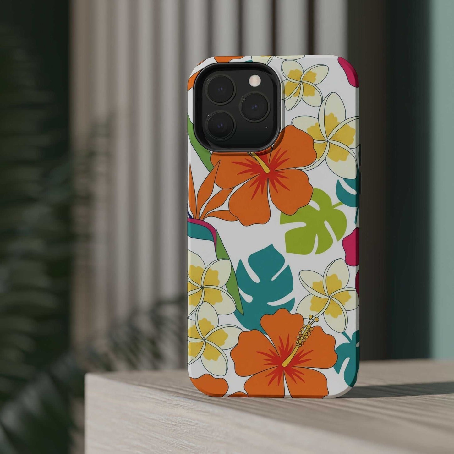 Floral iPhone case with orange and yellow tropical flower design, impact-resistant and MagSafe compatible