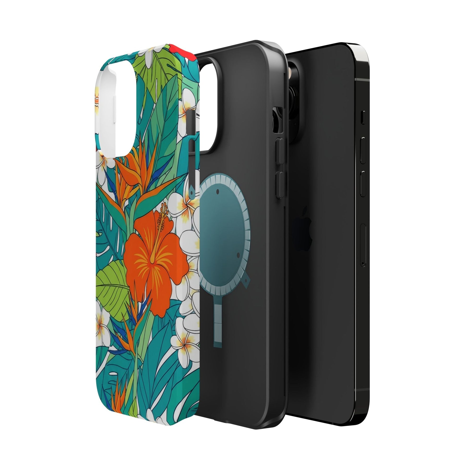 Vibrant floral iPhone case with durable polycarbonate, MagSafe compatible, colorful tropical design