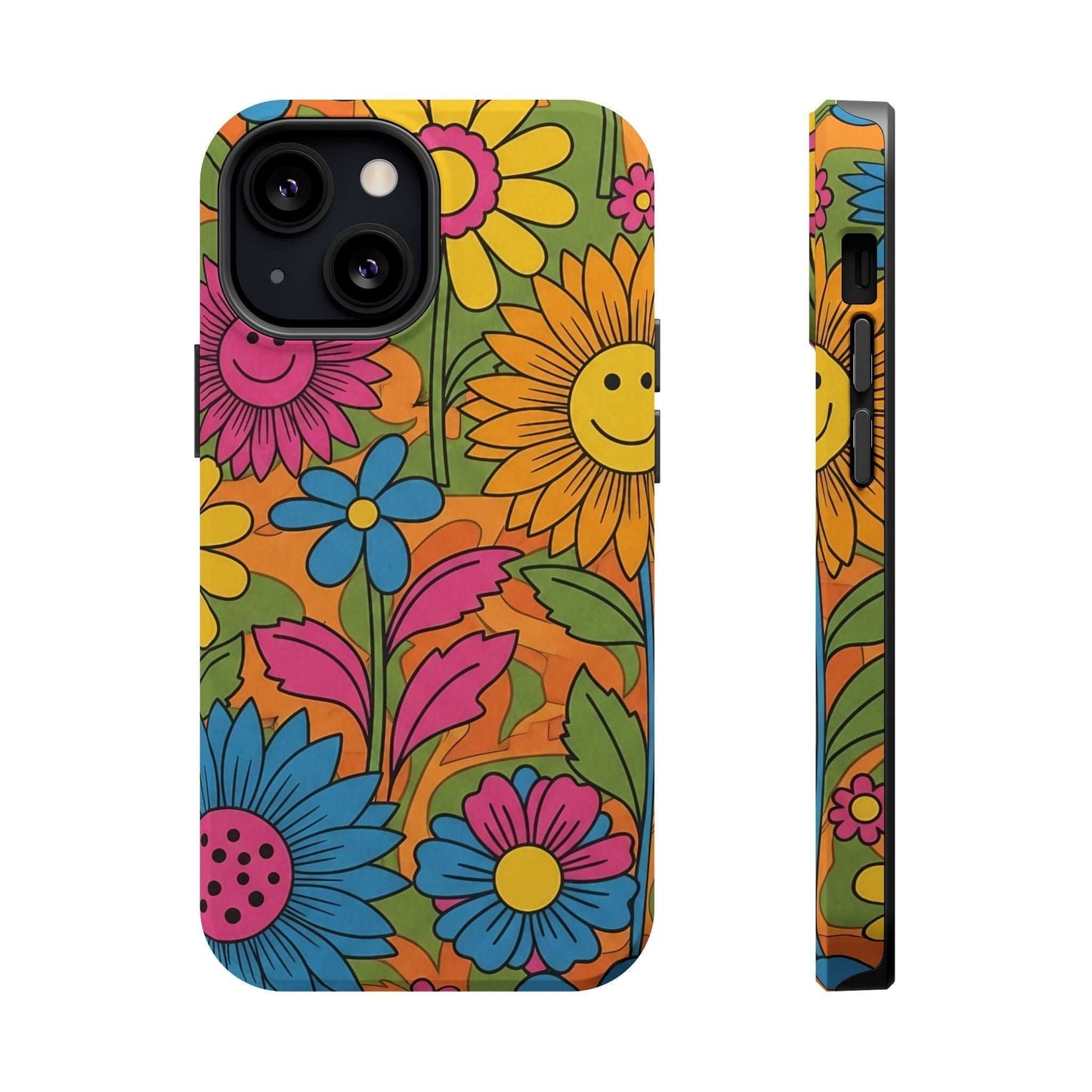 Flower Power iPhone Tough Case with vibrant smiling flower design and durable polycarbonate protection