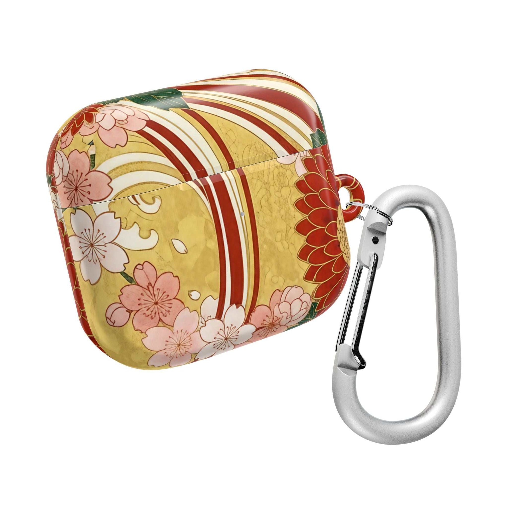 AirPod Case with Japanese floral gold chrysanthemum design and carabiner clip