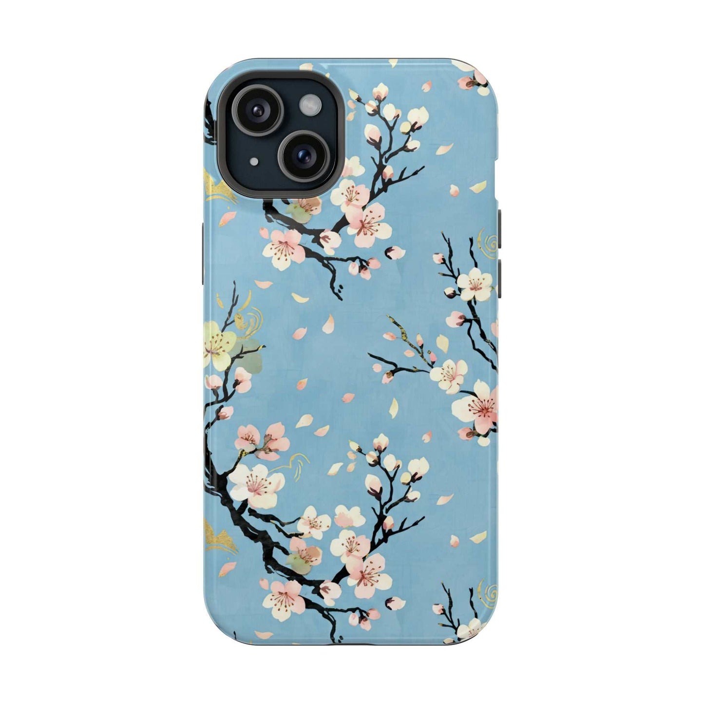 Spring Bloom iPhone Tough Case with floral design, blue background, and MagSafe compatibility
