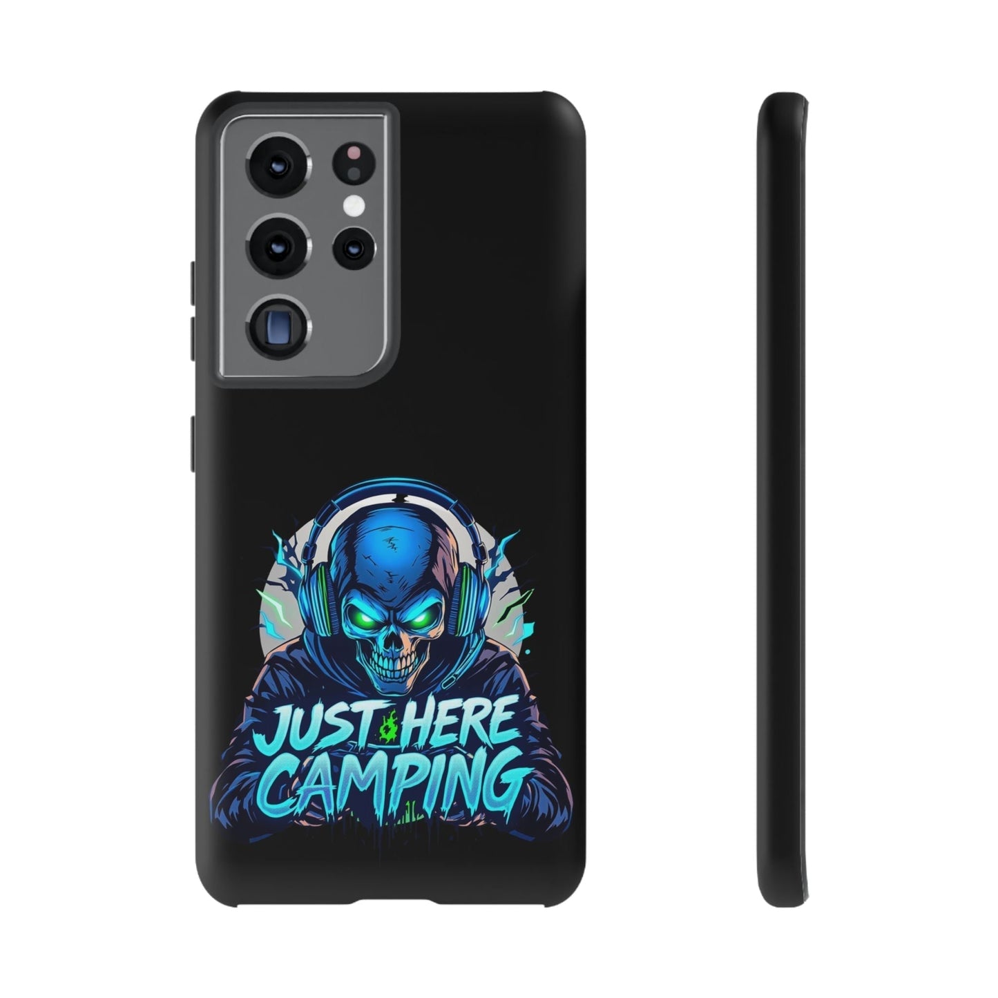 Samsung Tough Case for gaming enthusiasts with vibrant "Just Here Camping" skull design, durable protection for Galaxy S21 and newer models