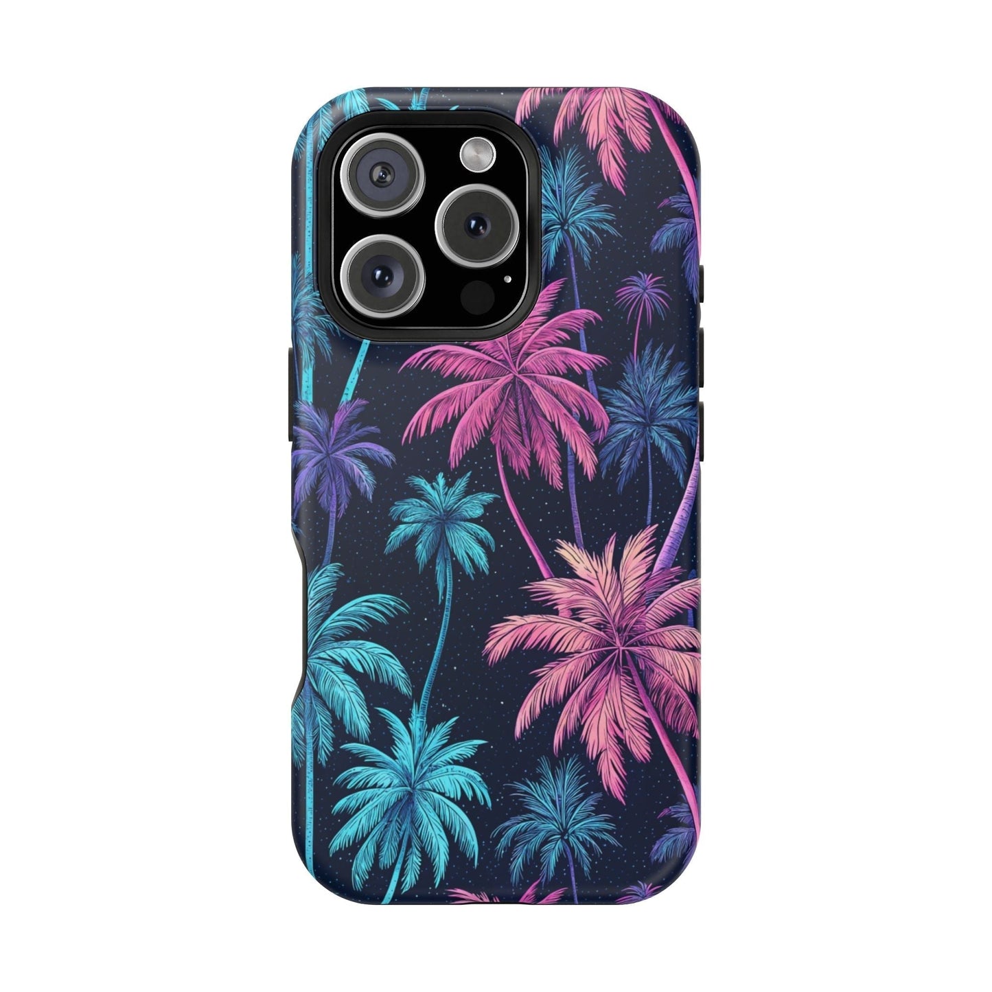 Neon Palm Trees Phone Case with vibrant blue and pink tropical palm design, dual-layer protection, compatible with MagSafe for iPhone models.