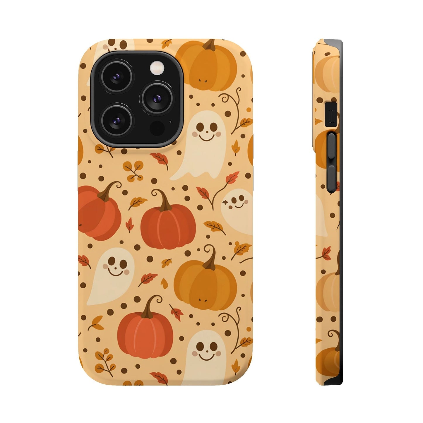 Spooky Pumpkins Halloween iPhone case with ghosts and pumpkins design, durable protective cover with MagSafe compatibility