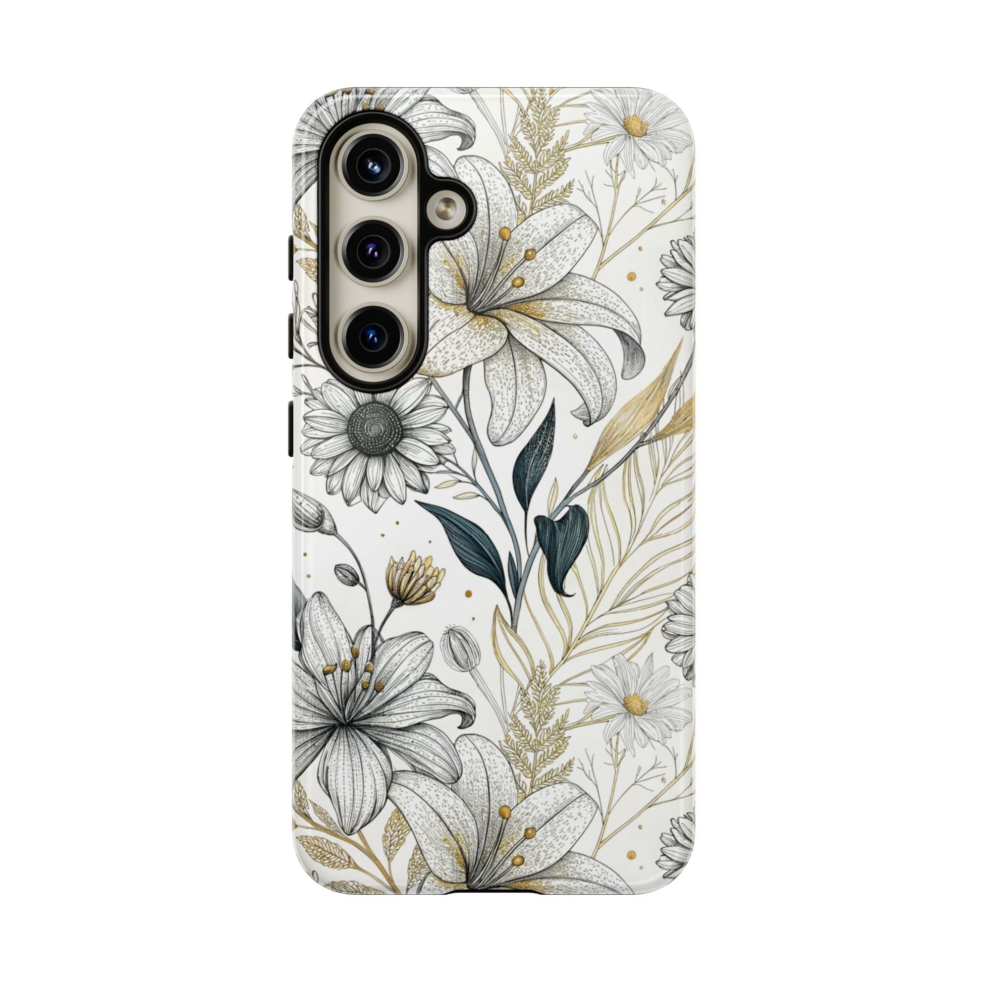 Samsung tough case with golden leaf minimalist floral design for stylish protection