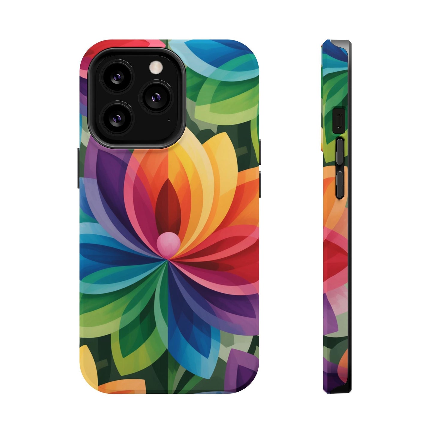 Colorful Rainbow Flower iPhone Case with vibrant multi-color floral design and protective dual-layer polycarbonate shell