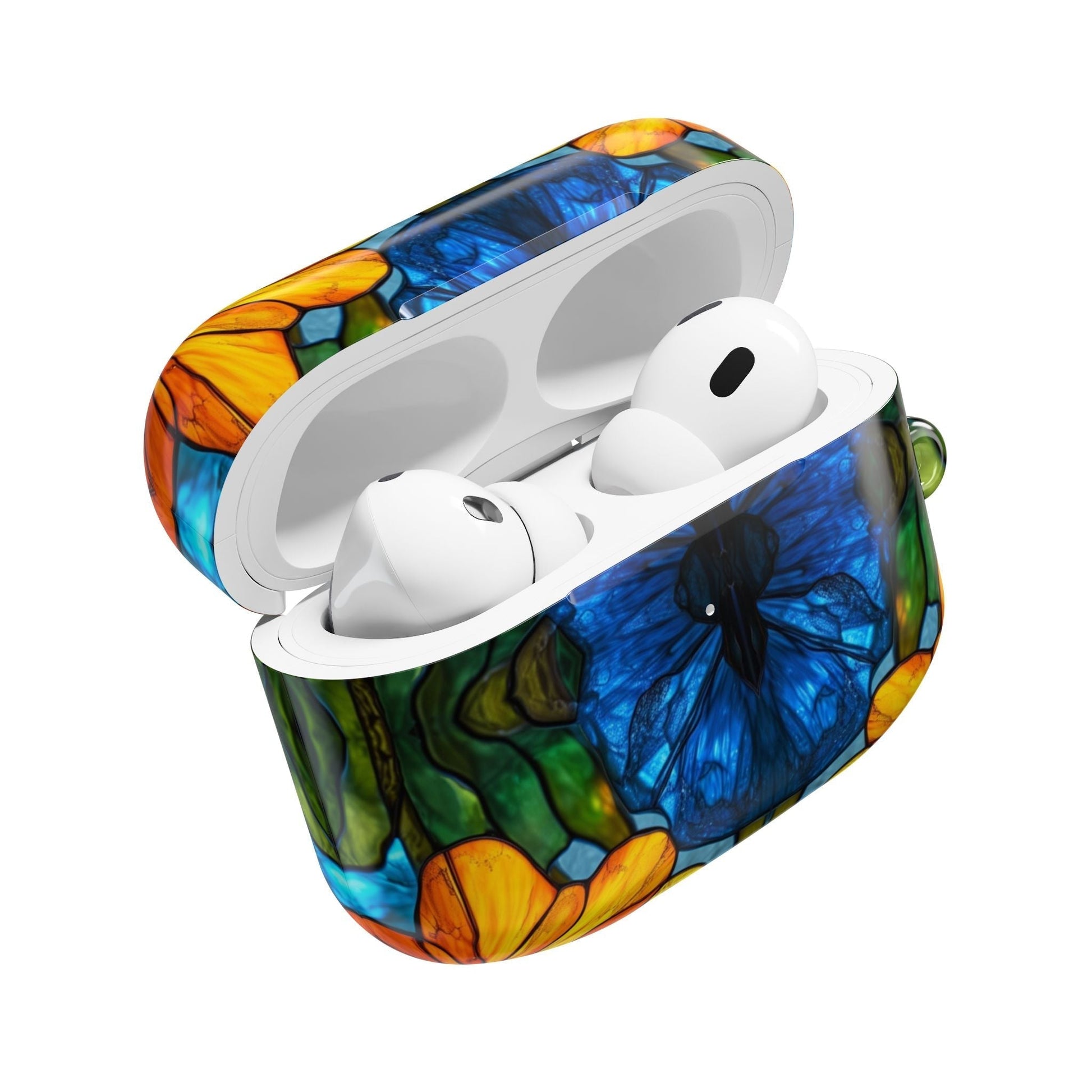Colorful floral AirPods case with impact-resistant and scratch-proof protection for AirPods Pro and AirPods models, featuring easy charging access and a carabiner clip.