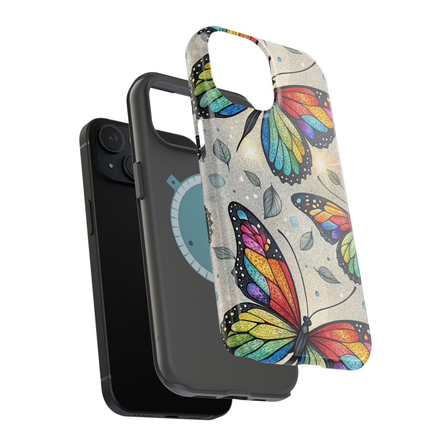 Vibrant Rainbow Butterfly colorful protective iPhone case with dual-layer design and MagSafe compatibility