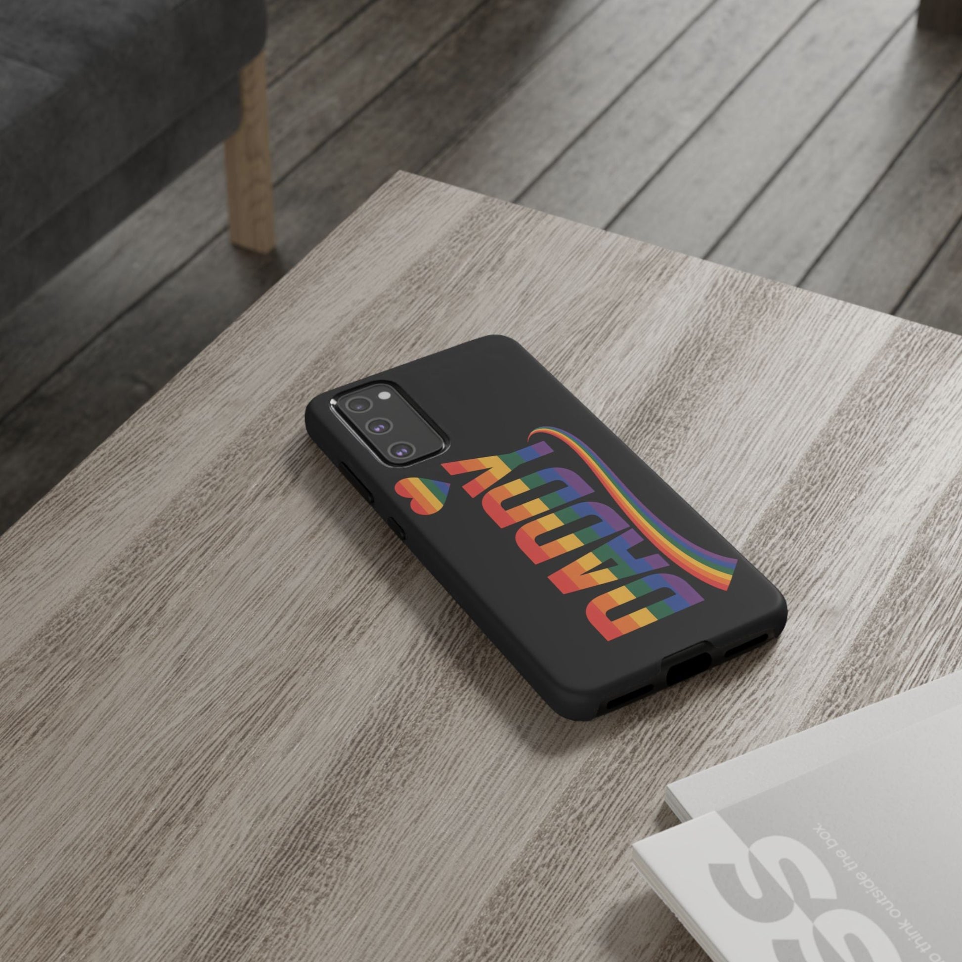 Samsung Tough Case with LGBT inspired colorful Daddy design on black background for Samsung Galaxy phone protection