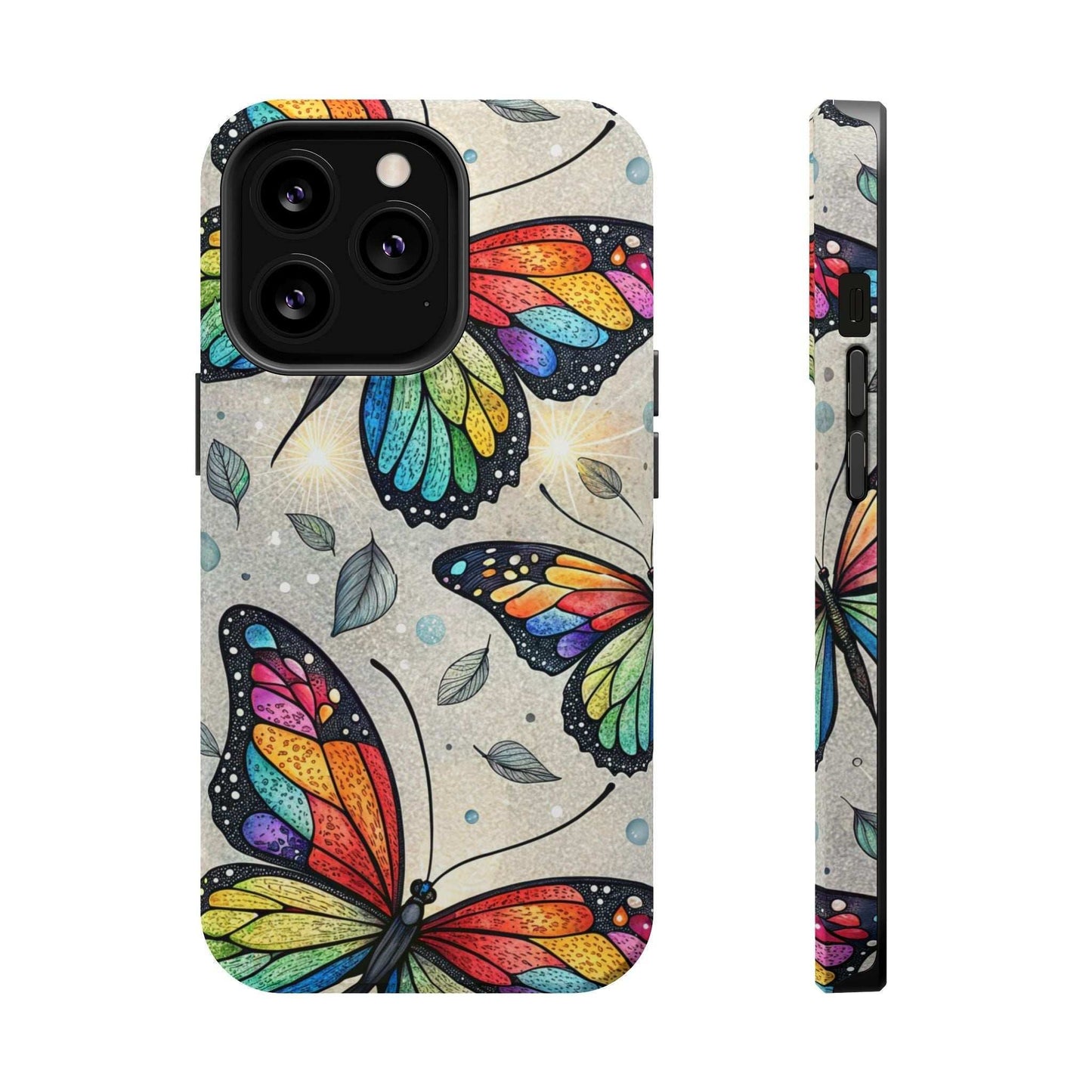 Vibrant Rainbow Butterfly iPhone case with colorful butterfly design, dual-layer protection, and MagSafe compatibility.