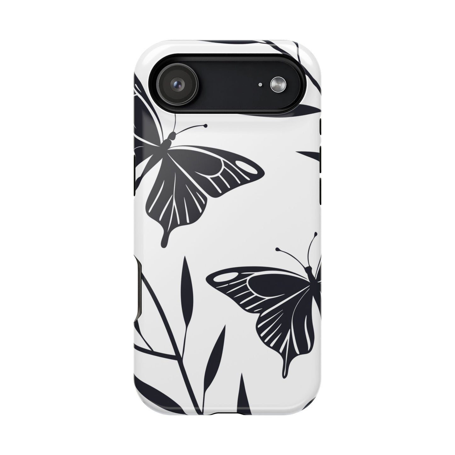 Black and white minimalist butterfly design iPhone case with protective dual-layer construction and MagSafe compatibility