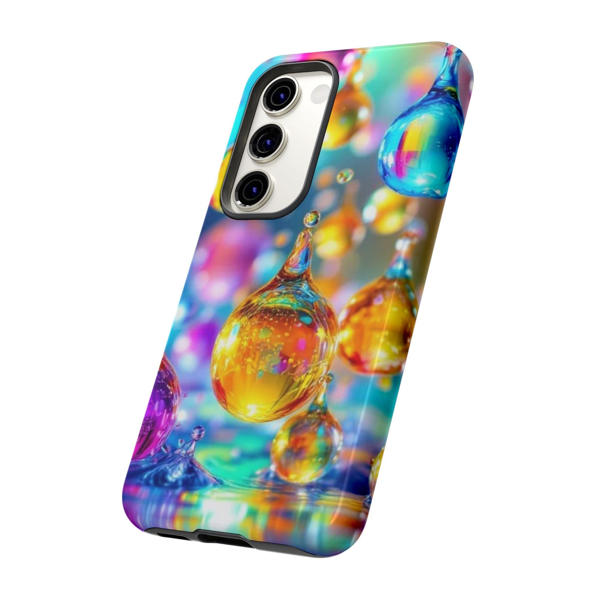Samsung phone case with colorful 3D golden raindrop design, durable and shock-resistant protection