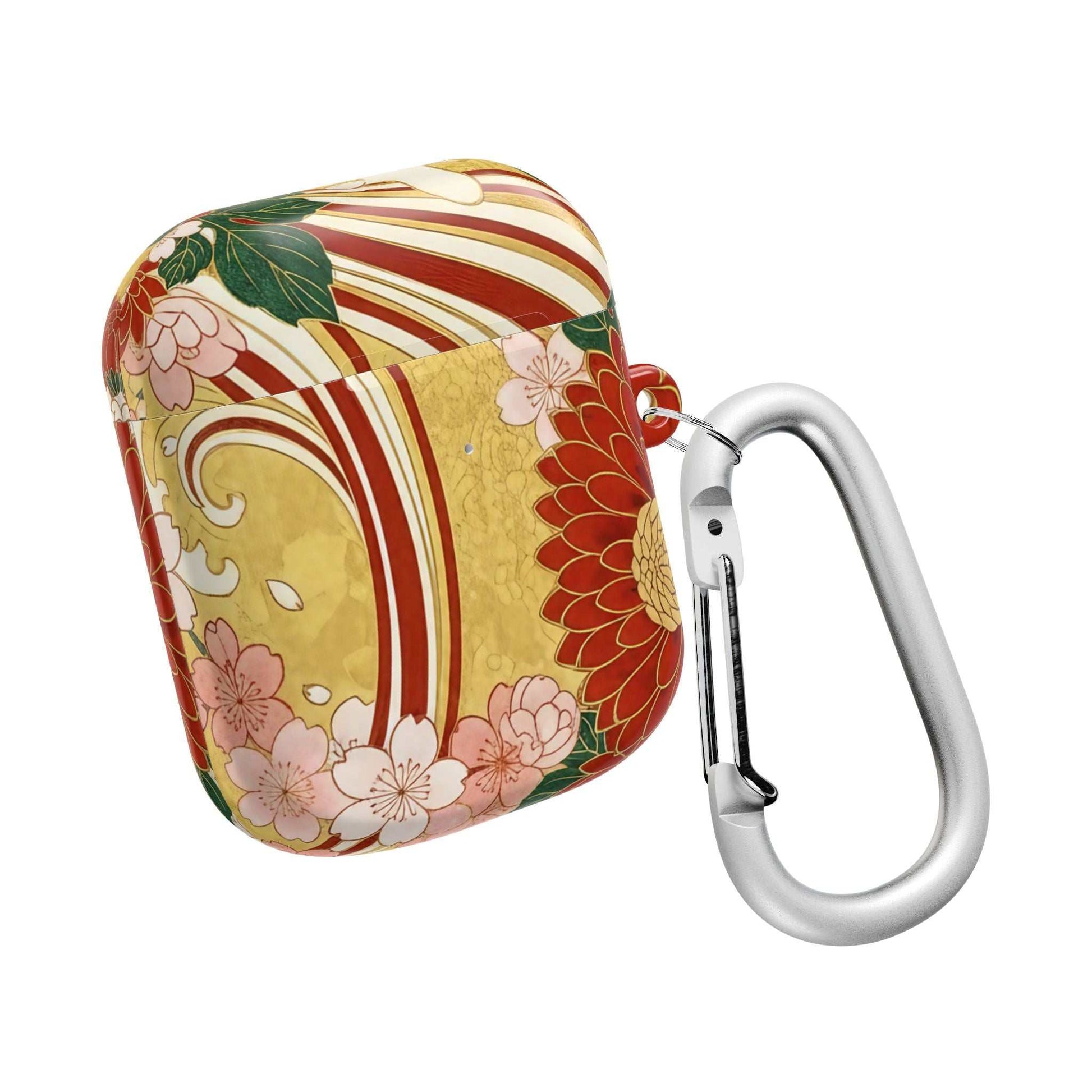AirPod Case with Japanese floral gold chrysanthemum design and carabiner clip