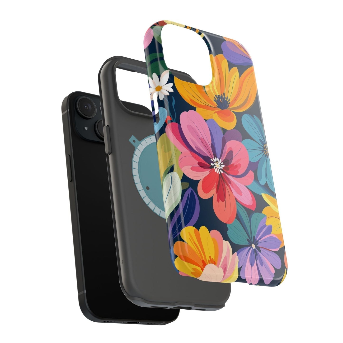 Colorful floral design iPhone 17 case with durable polycarbonate and TPU liner, glossy or matte finish, MagSafe compatible