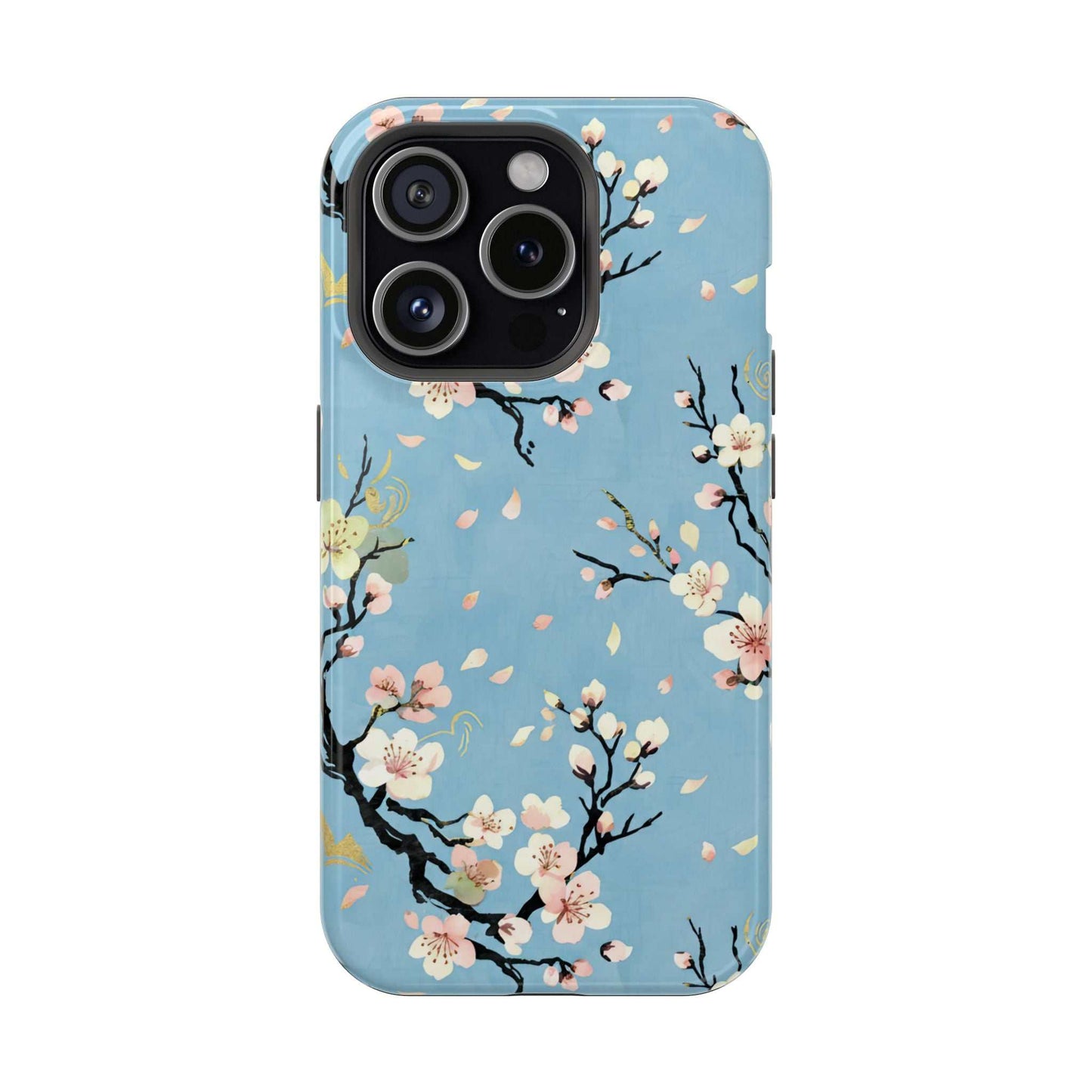 Spring Bloom iPhone Tough Case with floral design and MagSafe protection on blue background