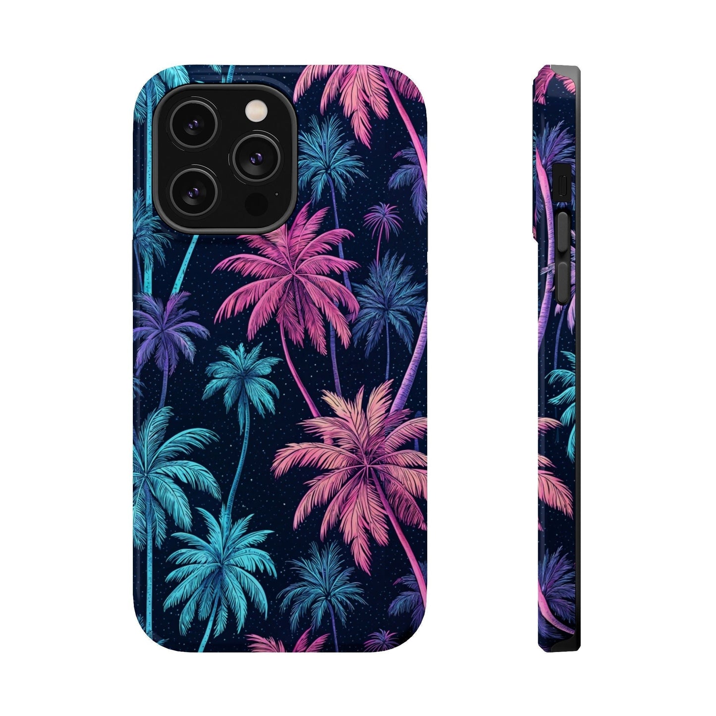 Neon Palm Trees Phone Case with vibrant pink and blue palm tree design, MagSafe compatible tropical iPhone cover