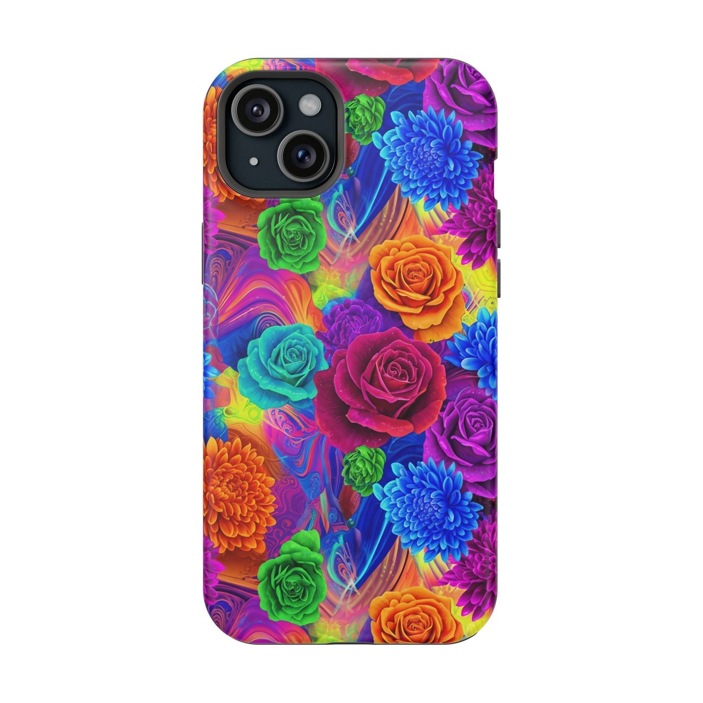 Colorful floral iPhone tough case with MagSafe compatibility and durable shock-absorbing design