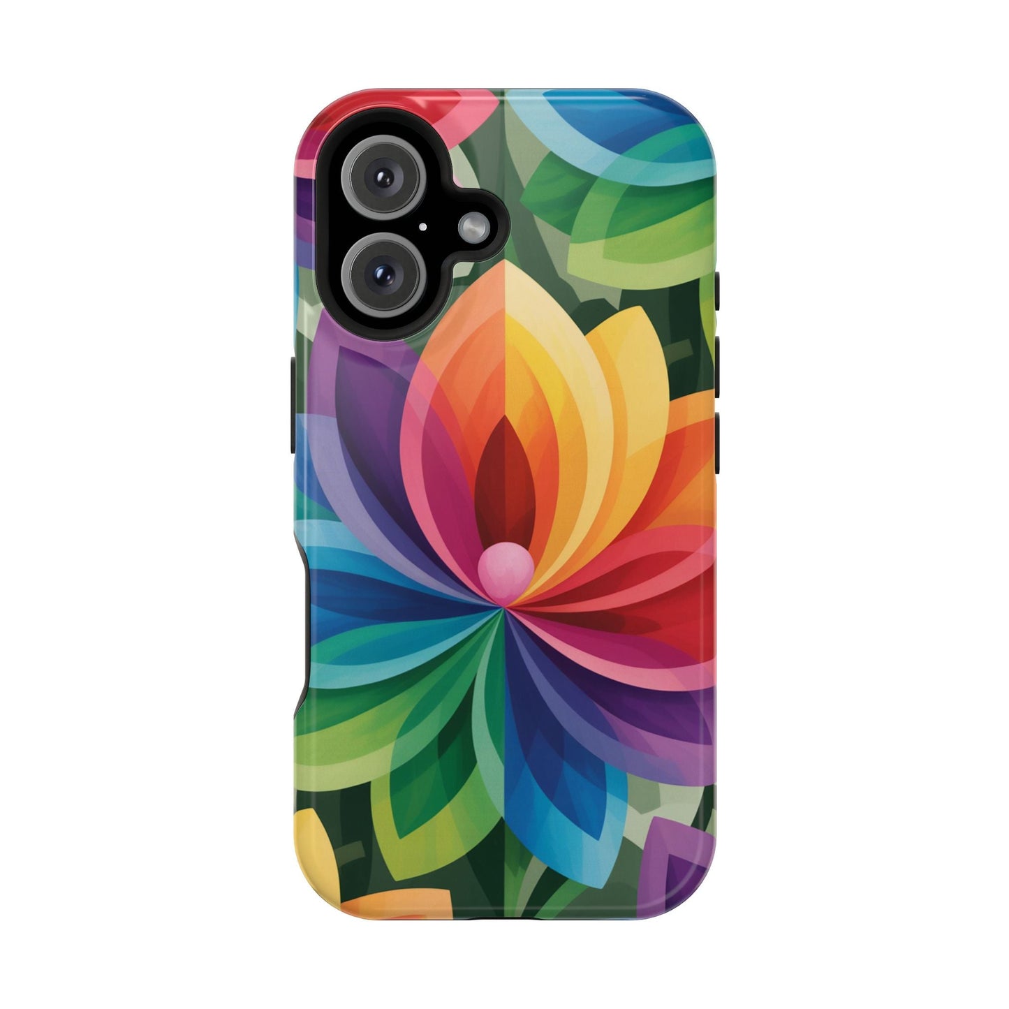 Colorful Rainbow Flower iPhone Case with vibrant floral design and protective polycarbonate material