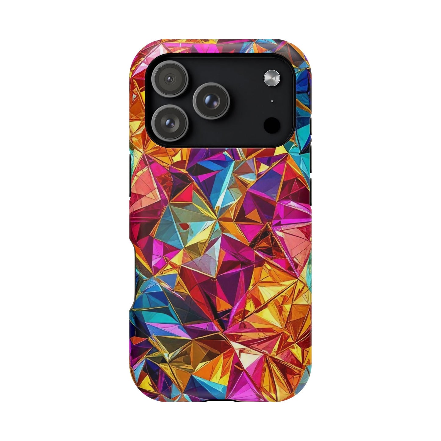 Colorful geometric rainbow foil iPhone tough case with MagSafe compatibility and protective dual-layer design