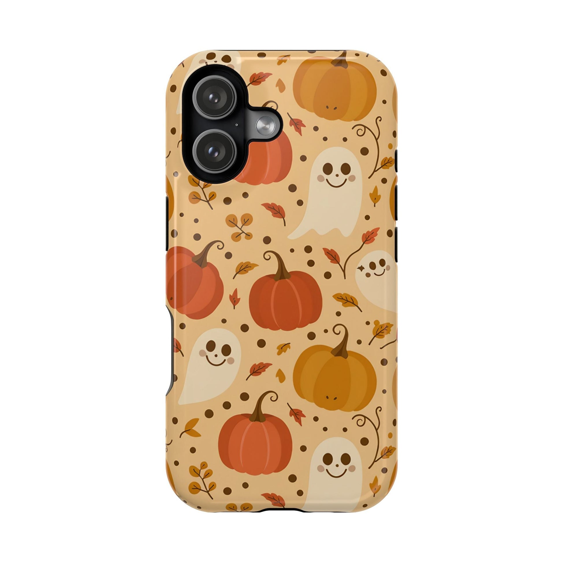 Spooky Pumpkins magnetic iPhone case with ghost and pumpkin design, durable polycarbonate and TPU protection, MagSafe compatible.
