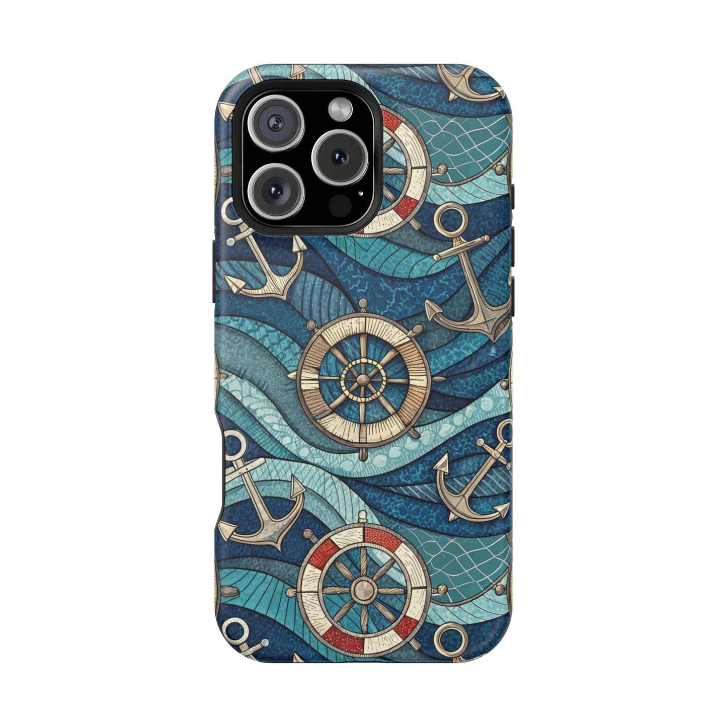 Nautical Theme iPhone case with anchors and ship wheels design, durable coastal style for iPhone 13 to 16 series.