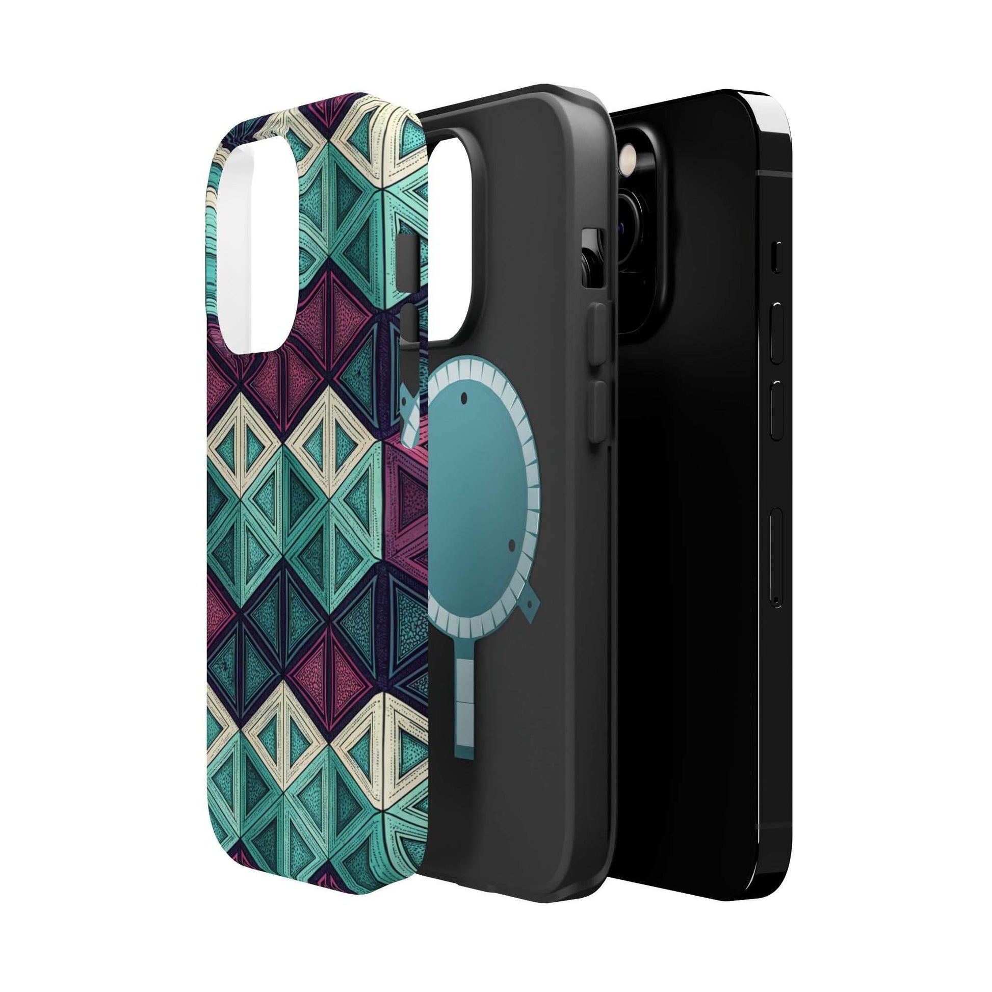 Purple and Teal Abstract magnetic iPhone tough case with geometric design and MagSafe compatibility