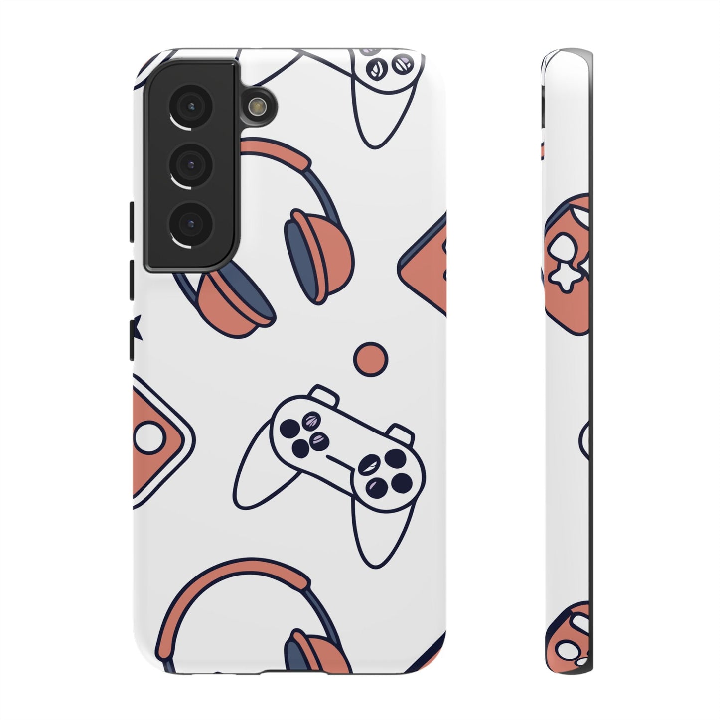 Samsung phone case with gamer-themed icons including controllers and headphones, durable and impact-resistant design.
