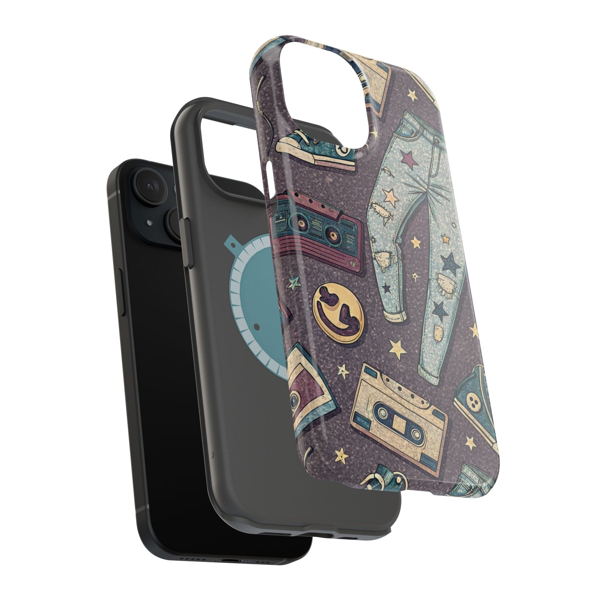 90s grunge cassette tape collage iPhone tough case with retro cassette tapes, ripped jeans, and band logos design