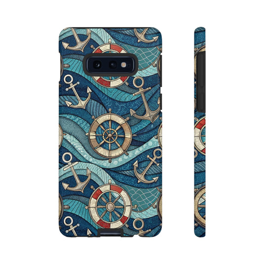 Nautical anchor and life preserver themed Samsung tough case with durable shock-absorbing design and coastal maritime pattern