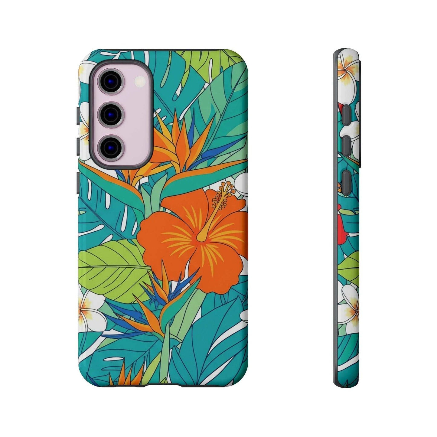 Vibrant floral Samsung phone case with tropical design, dual layer protection, and shock absorption.