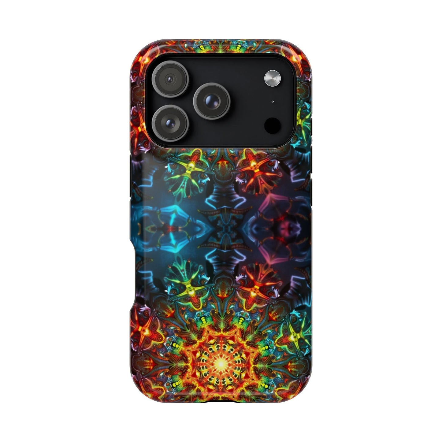 iPhone case with vibrant Abstract Kaleidoscope Design, durable dual-layer protection, and MagSafe compatibility