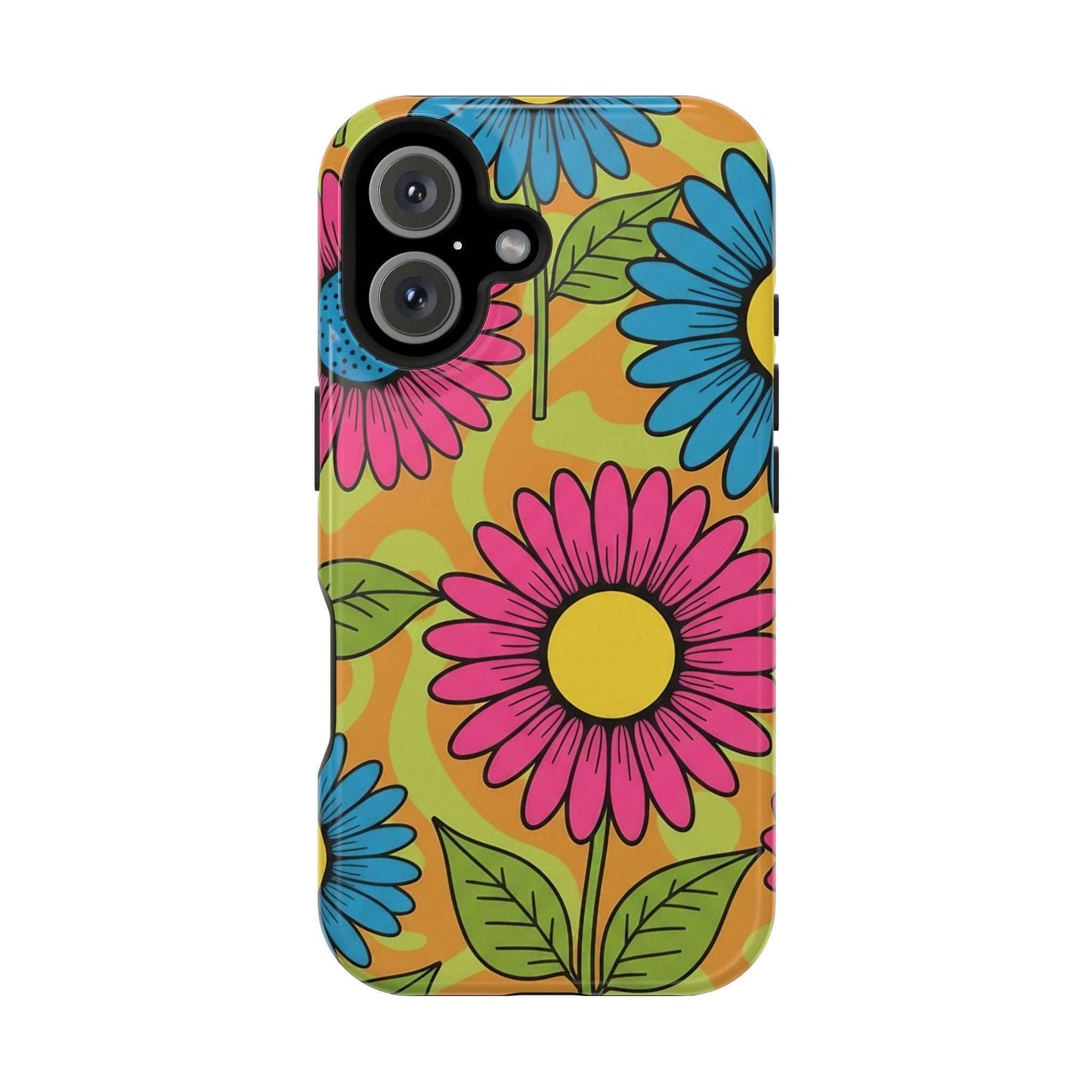 Flower Child iPhone Tough Case with vibrant pink and blue floral design, magnetic impact-resistant protection, glossy finish, and MagSafe compatibility