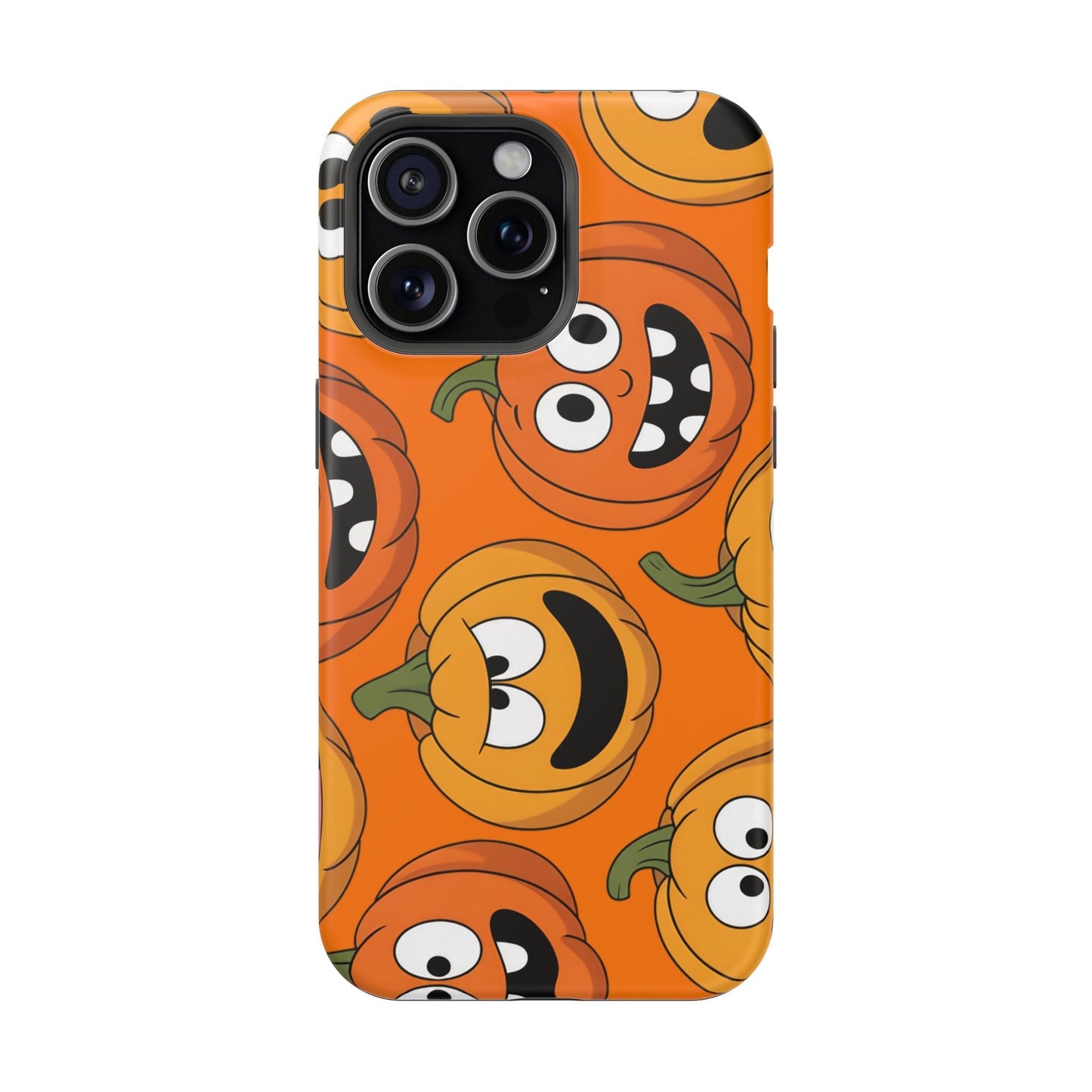 iPhone case with Moody Pumpkins Design featuring vibrant, spooky pumpkin faces and durable protective build