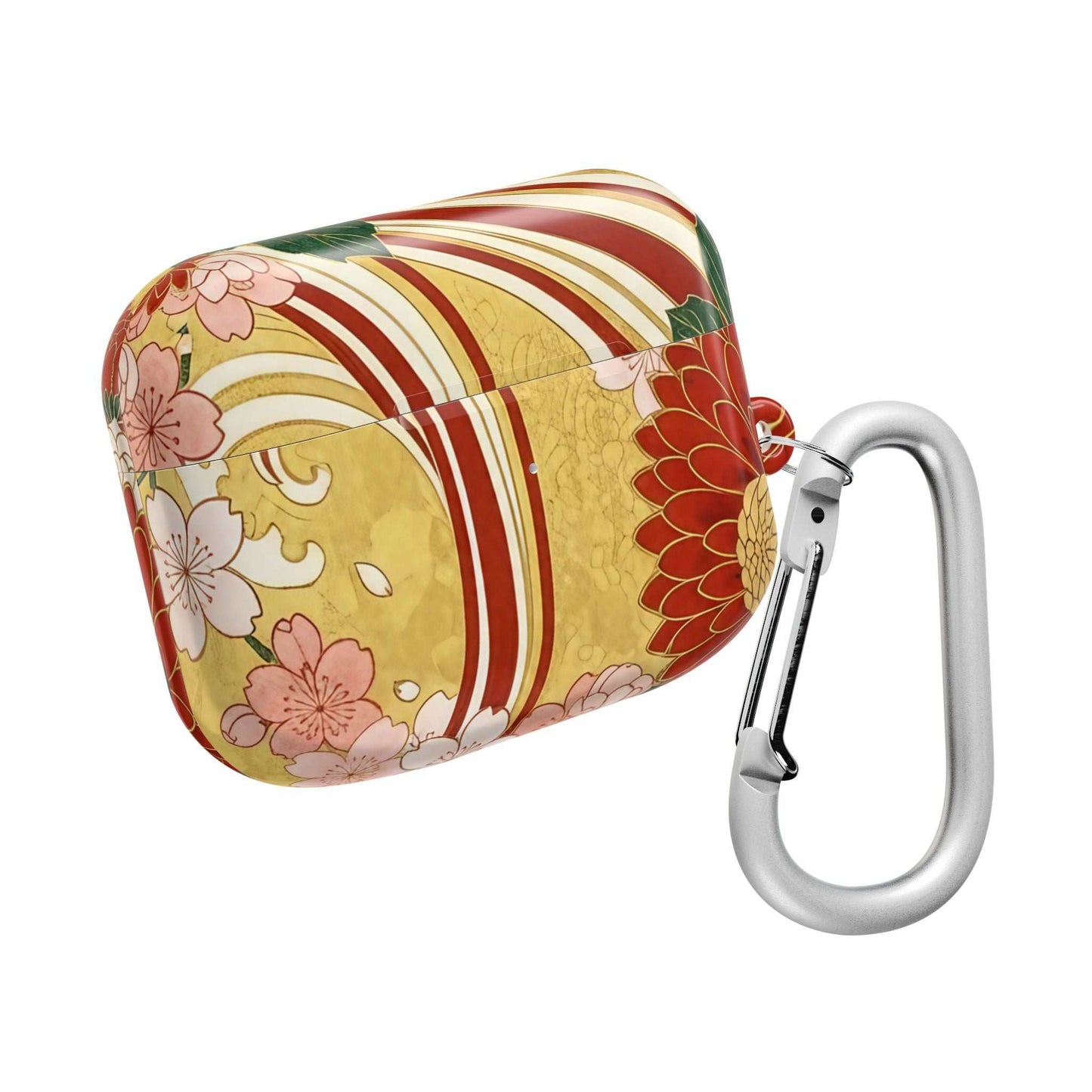 Japanese floral gold chrysanthemum AirPod case with carabiner and gloss finish