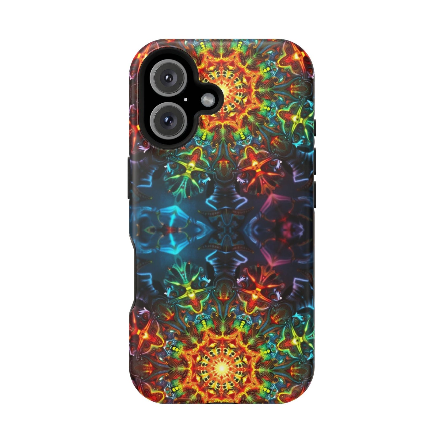 iPhone case with vibrant abstract kaleidoscope design and dual-layer protection