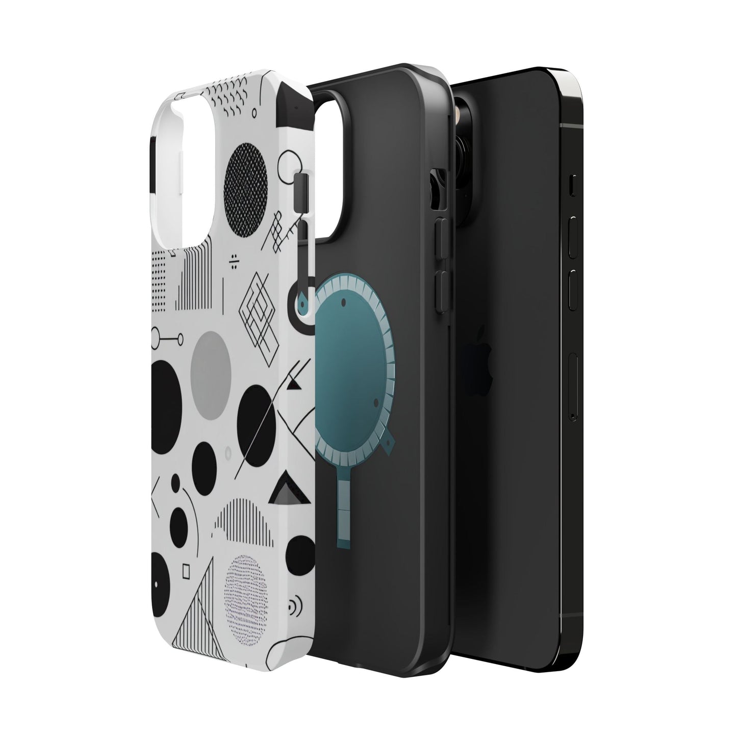 Black and white abstract art iPhone case with geometric patterns and MagSafe compatibility