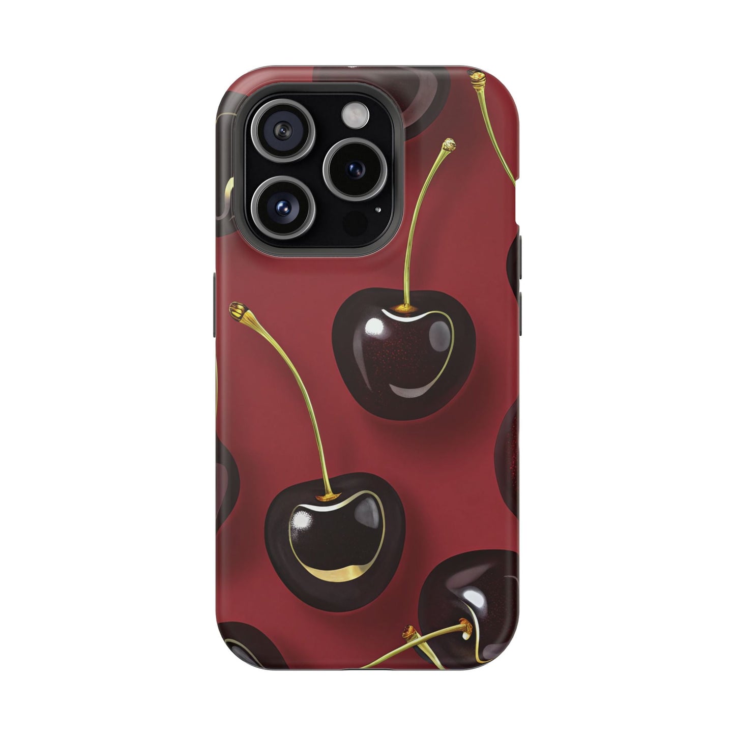 Cherry iPhone tough case with vibrant photo-realistic cherry design, dual-layer durable protection, and MagSafe compatibility.