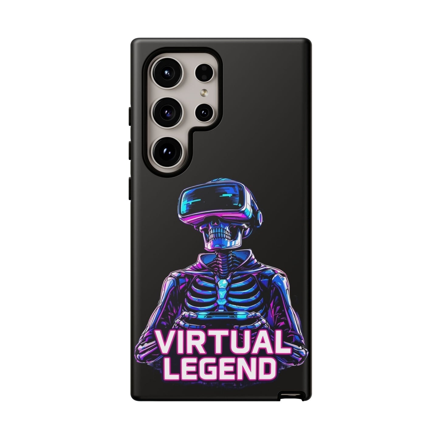 Black Samsung phone case with neon skeleton gamer wearing VR headset and "Virtual Legend" text