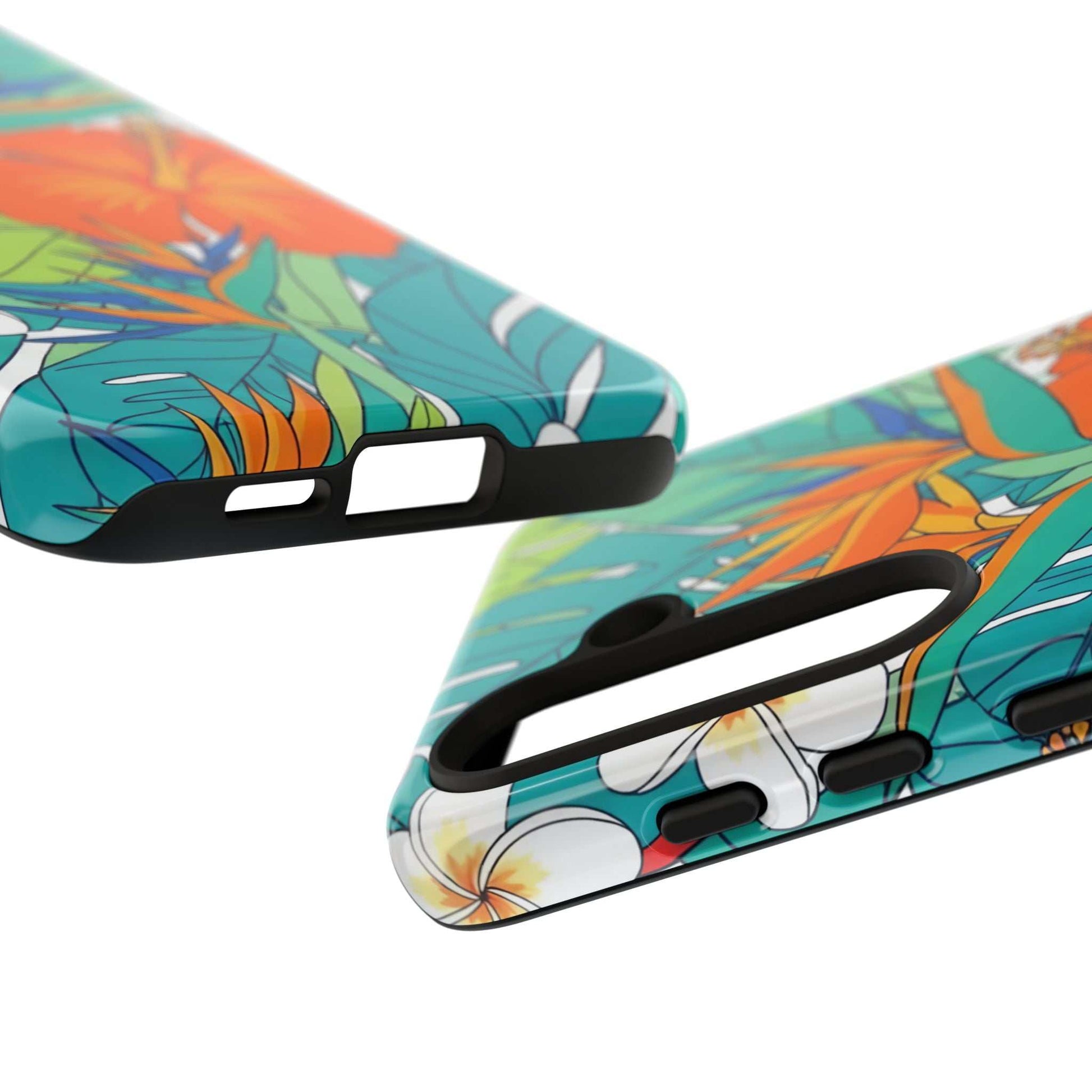 Close-up of vibrant floral Samsung phone case with tropical flower design and protective dual-layer construction