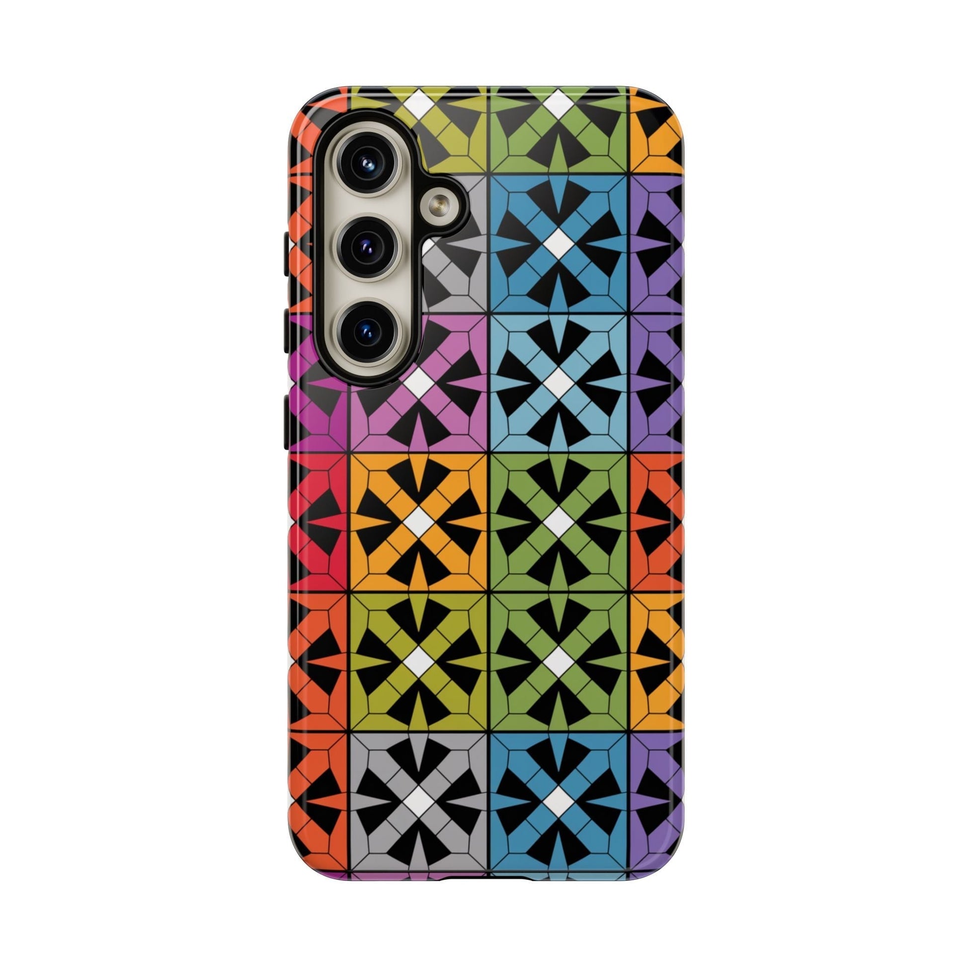 Samsung tough phone case with rainbow square abstract design, durable and shock-resistant, vibrant 3D print, suitable for Galaxy S series models.
